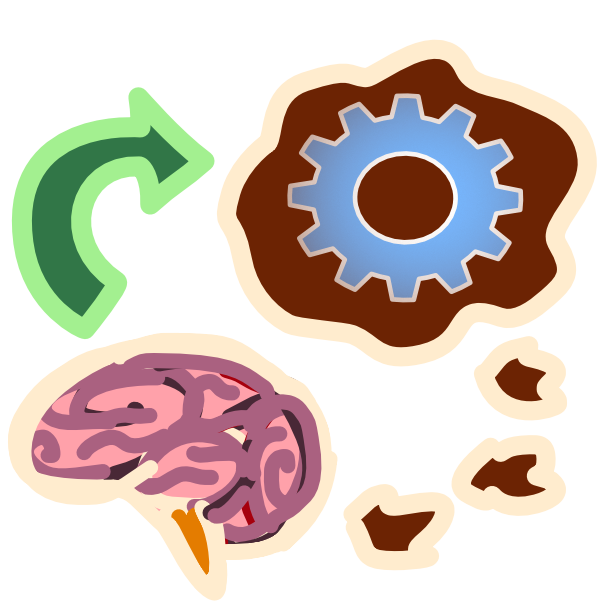 An image with light line art shows a pink brain in the bottom left corner. A brown thought bubble comes from the brain and has a blue gear inside it. A curved green arrow points from the brain to the thought bubble.